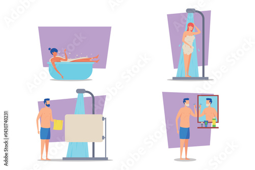 Different beauty routines in modern bathroom, featuring woman enjoying bath, woman showering, man drying off, and man grooming at mirror