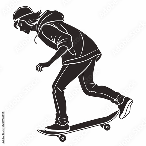 Graphic Silhouette Of Skateboarder Wearing Hoodie And Cap Ready To Skate Down