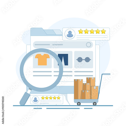 eCommerce website concept, Customer experience of shopping website, Add to cart concept, Customers share product ratings. flat design vector illustration on background.