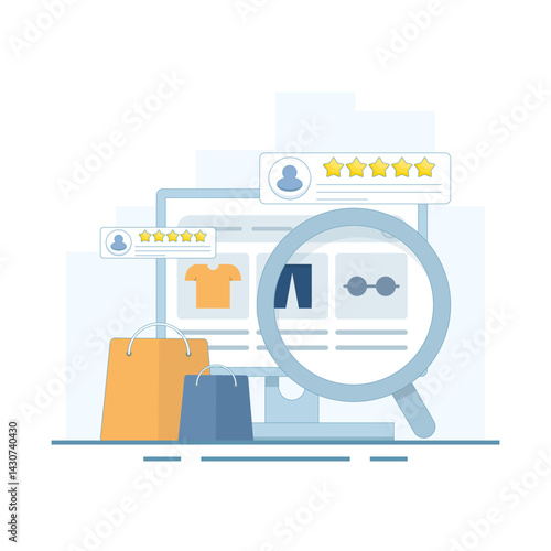 eCommerce website concept, Customer experience of shopping website, Add to cart concept, Customers share product ratings. flat design vector illustration on background.