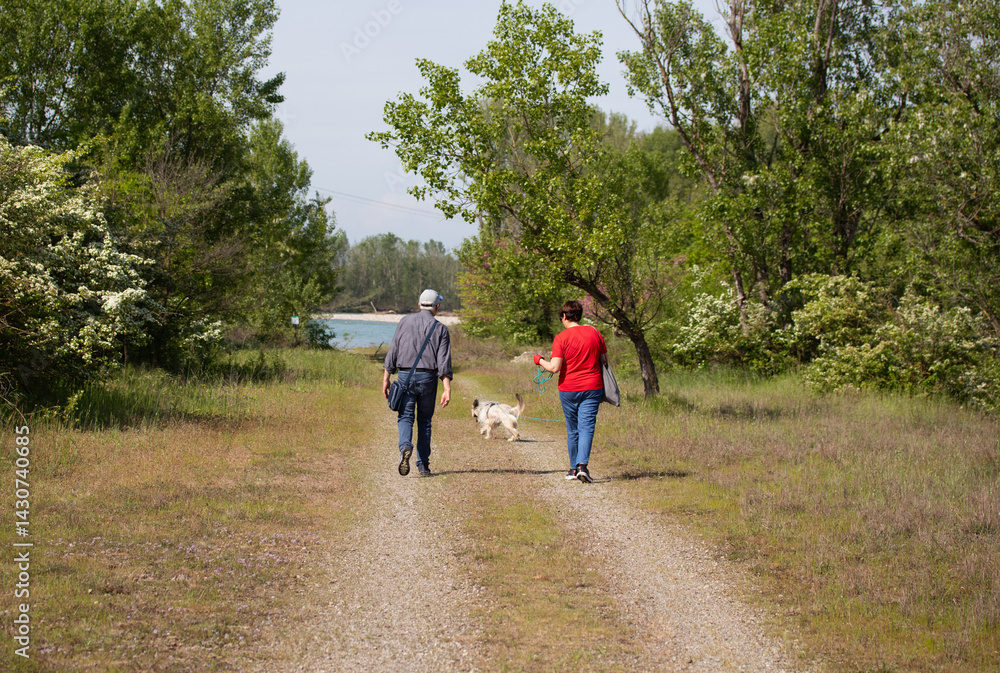 Senior man woman stroll with pet on gravel trail outdoor recreational activity. Senior man woman stroll with pet on gravel trail outdoor recreational activity.