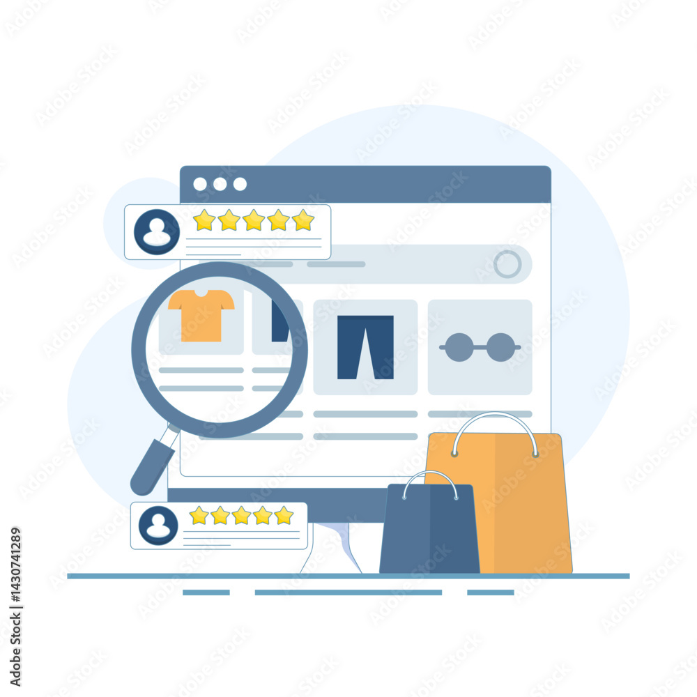 eCommerce website concept, Customer experience of shopping website, Add to cart concept, Customers share product ratings. flat design vector illustration on background. eCommerce website concept, Customer experience of shopping website, Add to cart concept, Customers share product ratings. flat design vector illustration on background.