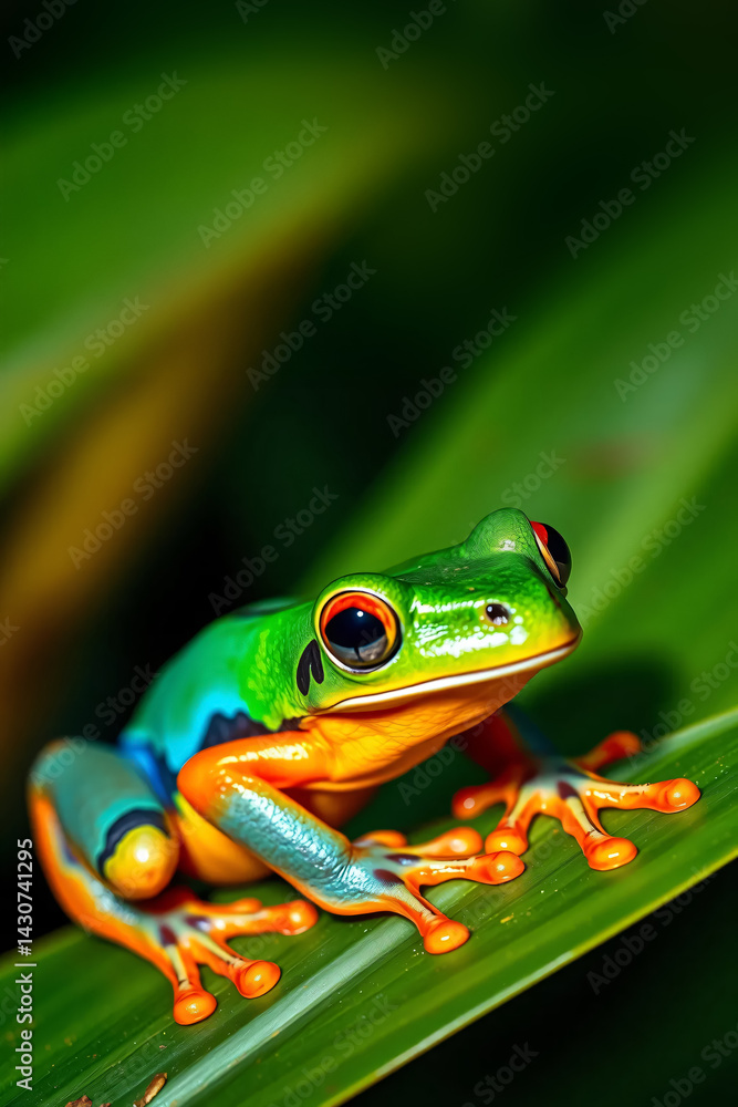 Obraz premium colorful frog on a leaf, close up of a rainforest amphibian