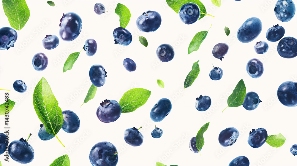 flying wave of blueberries with green leaves in the air isolated on background flying wave of blueberries with green leaves in the air isolated on background