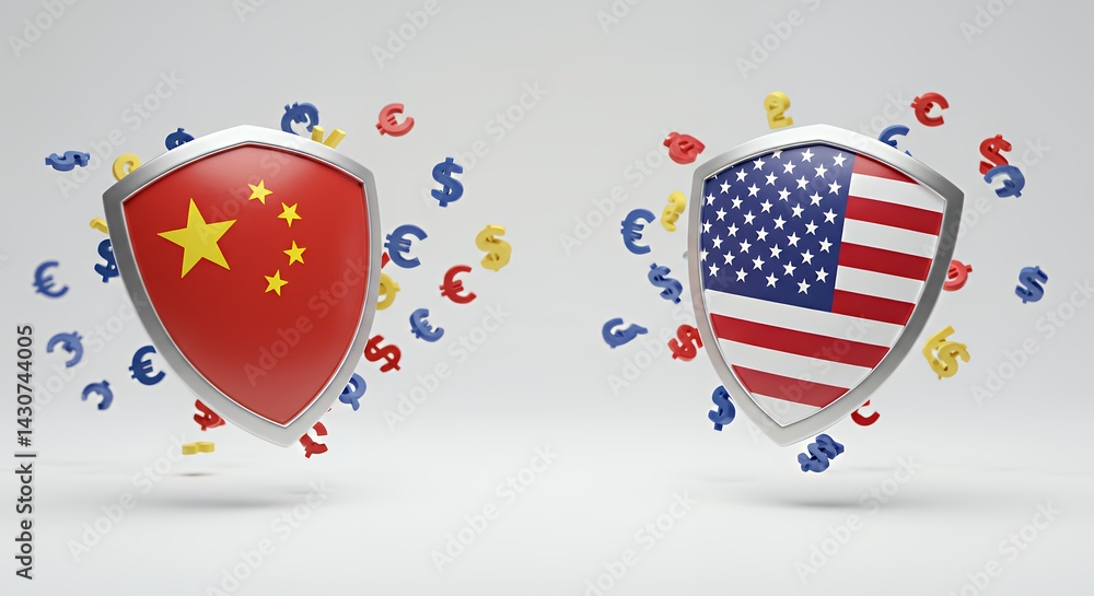 China Vs Usa Trade War Concept with Shields and Currency Symbols