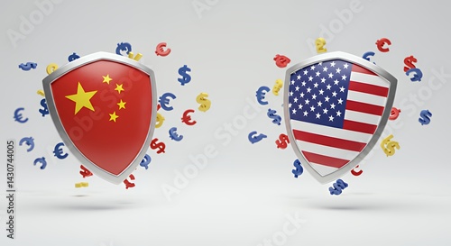Obraz na płótnie China Vs Usa Trade War Concept with Shields and Currency Symbols w salonie