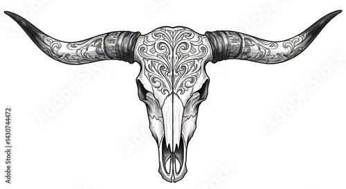 Detailed ornate longhorn cattle skull illustration
