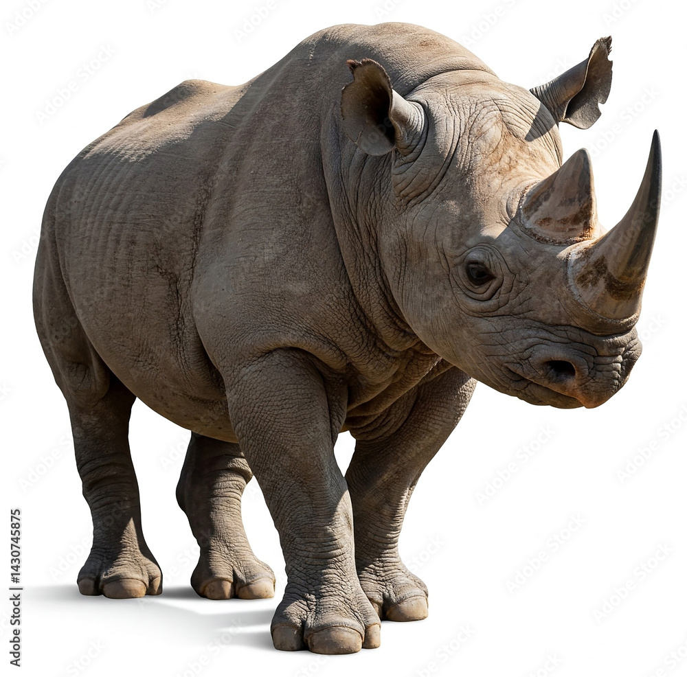 Obraz premium Lets care extinction. Adult rhino on white background. Some species are facing extinction due to various threats like habitat loss, poaching, and climate change. Awareness and media campaign.