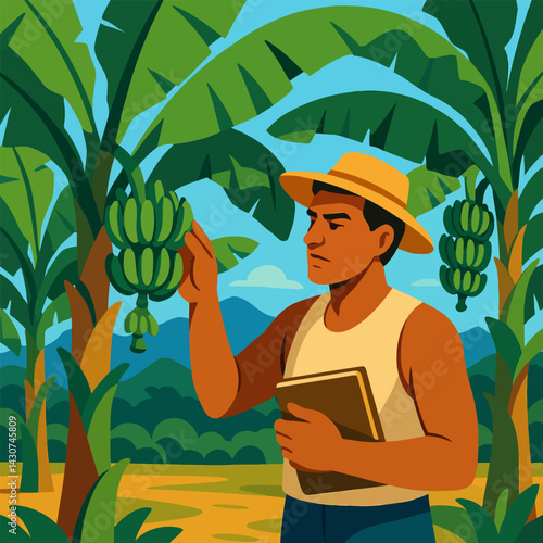 Man Inspecting Banana Tree Harvest Holding Notebook in Tropical Farm