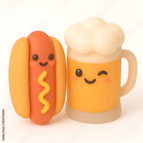 Hotdog and beer. 3D funny foods and drinks character.