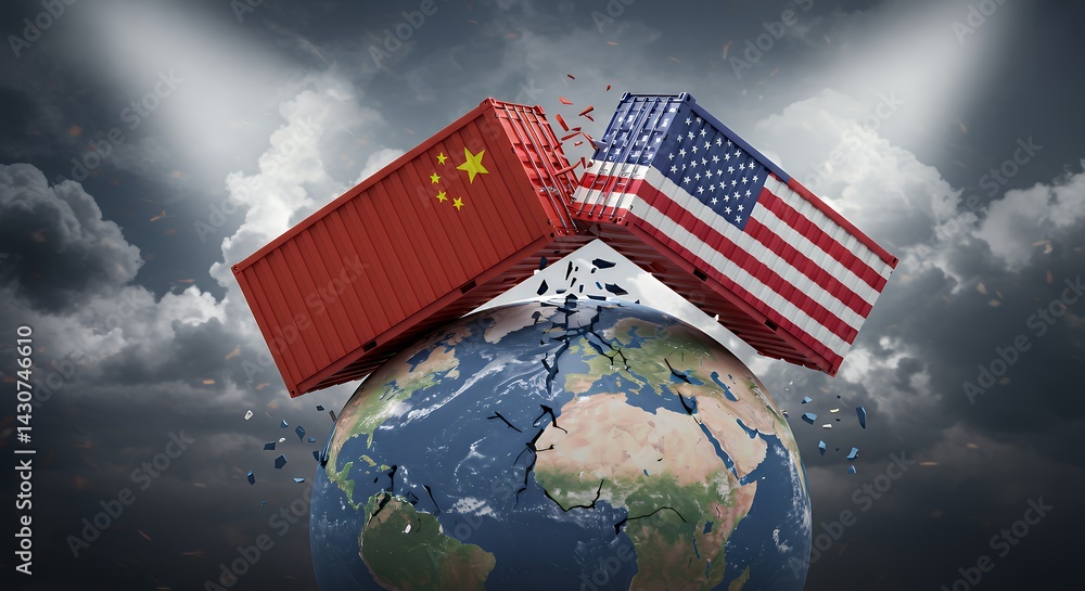 Trade War Containers Crashing Globe Representing Usa China Conflict Impact