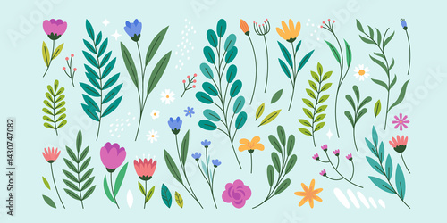 Flower leaves and berries Hand Drawn Flat Set