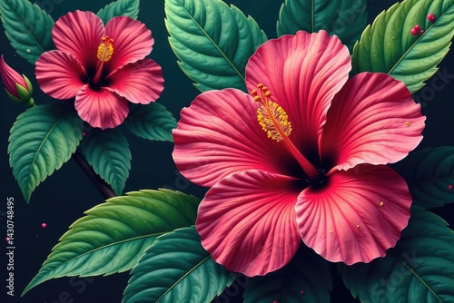 Wallpaper Mural Bold, bright hibiscus and tropical leaf print, foliage, green Torontodigital.ca