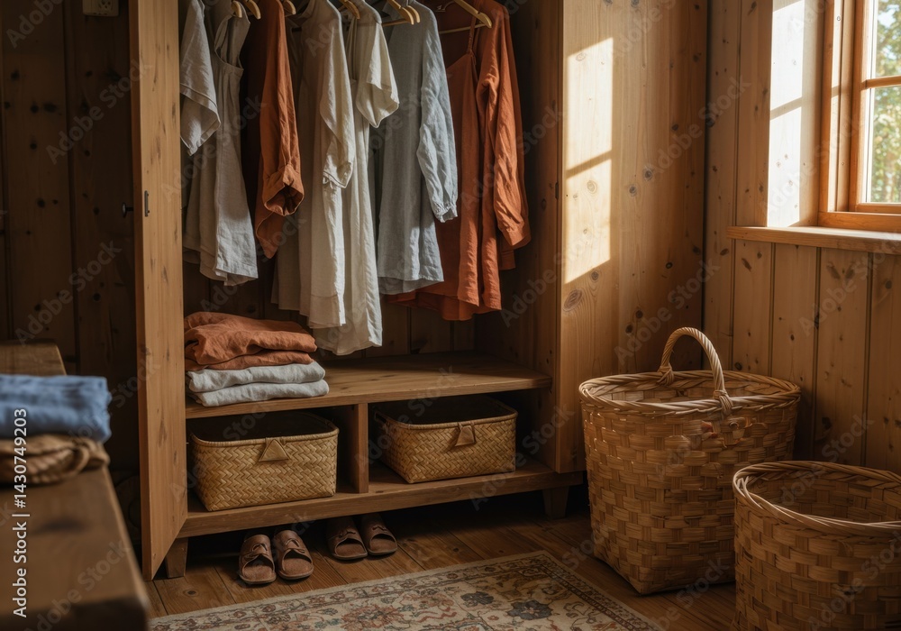Rustic wooden wardrobe filled with linen clothes in a neutral palette for natural living and cottage core style. Interior design of a country home. Rustic wooden wardrobe filled with linen clothes in a neutral palette for natural living and cottage core style. Interior design of a country home.