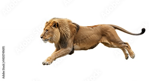 Powerful lion running against white background