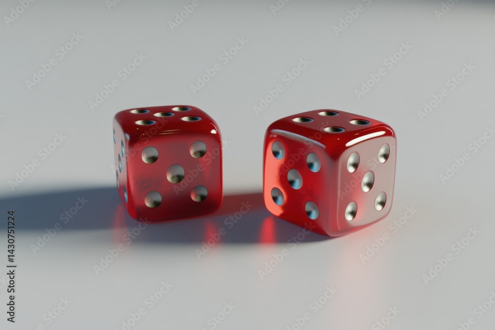 Two red dice are resting side by side on a smooth white surface