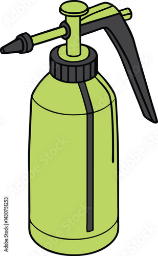 Bright green spray bottle, black nozzle and handle, pressure sprayer, gardening tool, household cleaner,