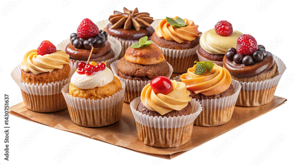 Assortment of delicious looking gourmet cupcakes with various toppings on paper. Assortment of delicious looking gourmet cupcakes with various toppings on paper.