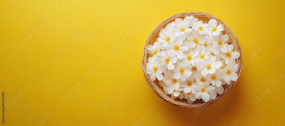 A basket of vibrant white flowers on a bright yellow background A basket of vibrant white flowers on a bright yellow background