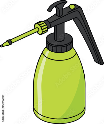 Bright green spray bottle, black nozzle and handle, pressure sprayer, gardening tool, household cleaner,