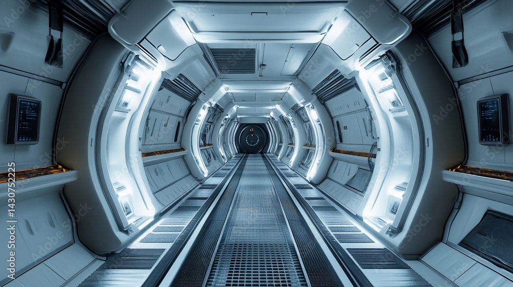 Futuristic hallway with bright lights, leading to an illuminated doorway Futuristic hallway with bright lights, leading to an illuminated doorway