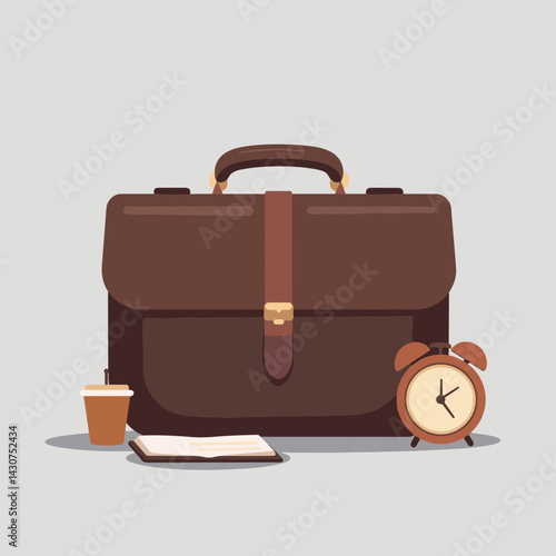 Elegant briefcase on minimalistic surface with workspace elements, productivity