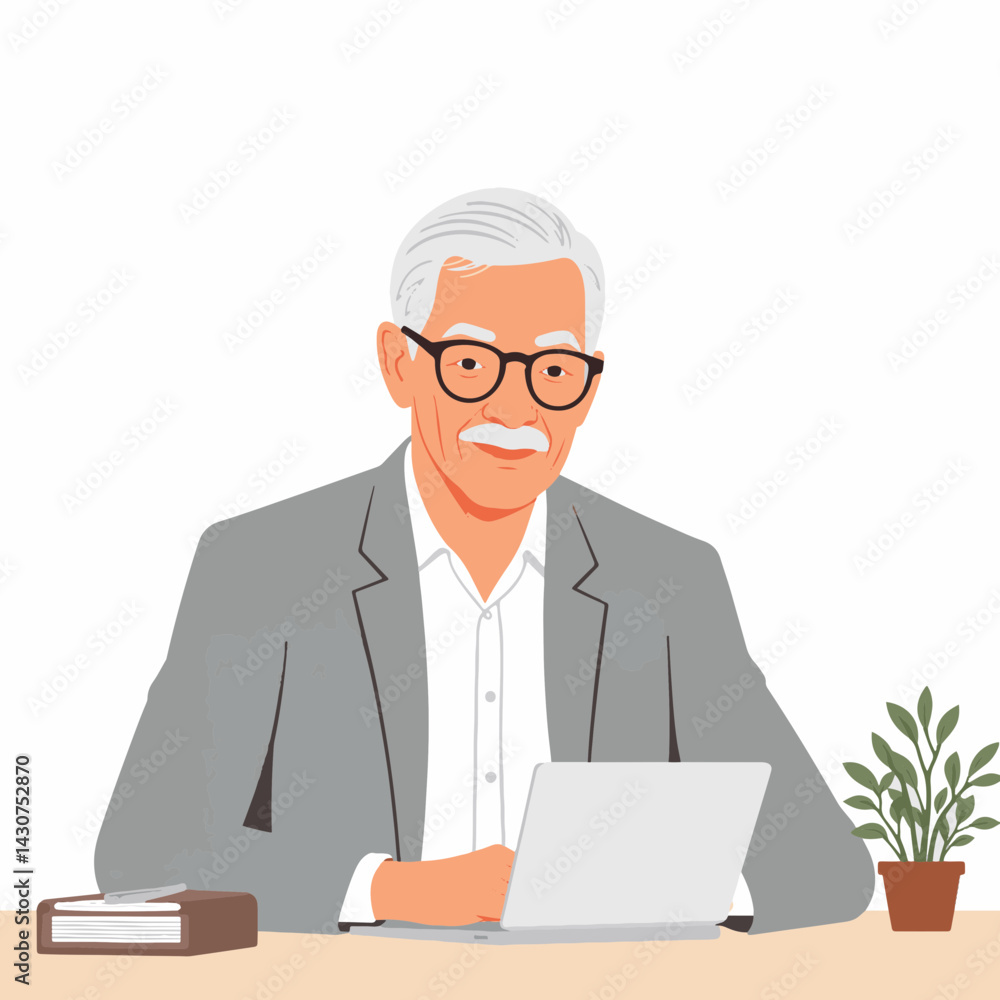 Elderly employee working on laptop at modern desk, professional focus Elderly employee working on laptop at modern desk, professional focus