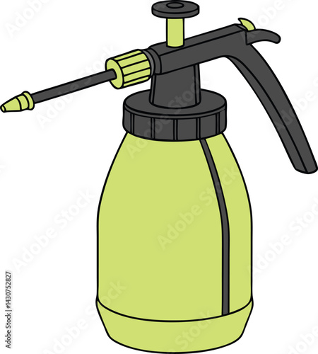 Bright green spray bottle, black nozzle and handle, pressure sprayer, gardening tool, household cleaner,