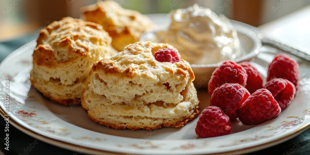 A plate of golden raspberry scones with a crumbly texture, served with a side of clotted cream and fresh raspberries A plate of golden raspberry scones with a crumbly texture, served with a side of clotted cream and fresh raspberries
