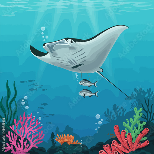 Manta Ray Swimming in the Ocean with Small Fish and Coral