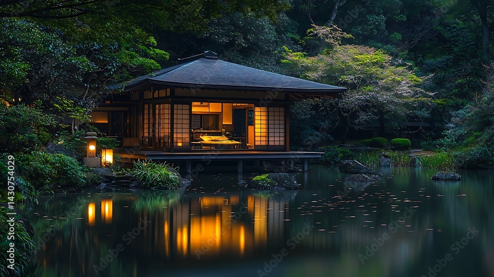 Fototapeta premium Tranquil Japanese garden house at night