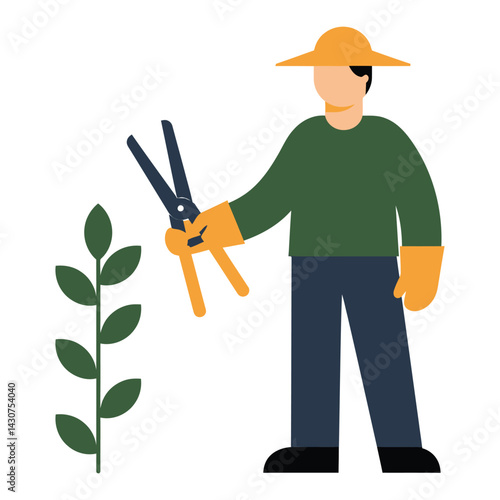 Vector Illustration Gardener with Pruning Shears and Young Plant