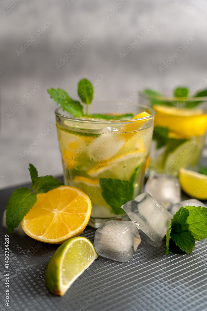 Fototapeta premium Lemonade drink with mint and lemon on a dark textured surface with scattered ice and citrus fruits. Soft focus. Food photography of citrus lemonade with space for text. Vertical photo
