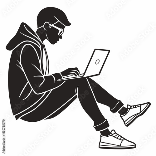 Young Man Sitting With A Laptop In A Black And White Vector Silhouette