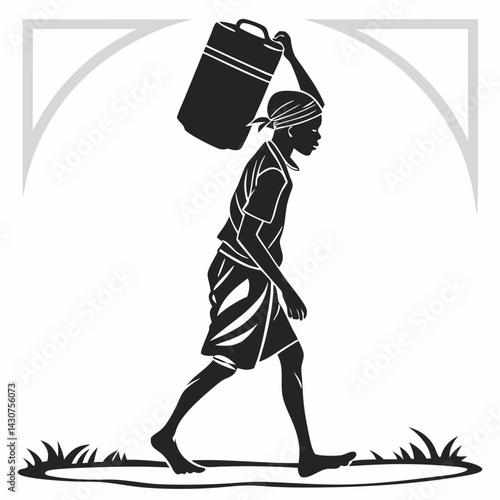 Vector Silhouette Of Woman Carrying Water Container On Head In Monochrome