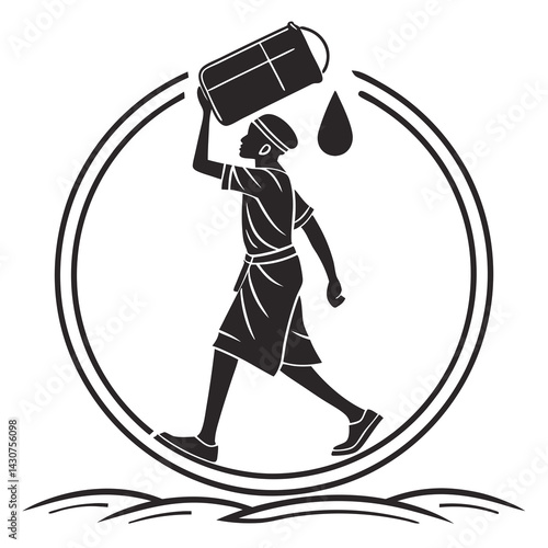 Silhouette Of A Man Carrying Water Bucket In Minimalistic Vector Illustration