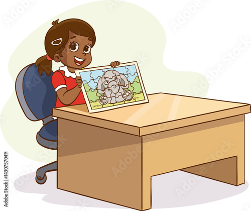 happy cute little child doing puzzle vector illustration