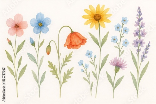 Watercolor wildflower landscape displaying colorful blooming flowers with soft green stems, creating gentle botanical artistic expression near pastel background