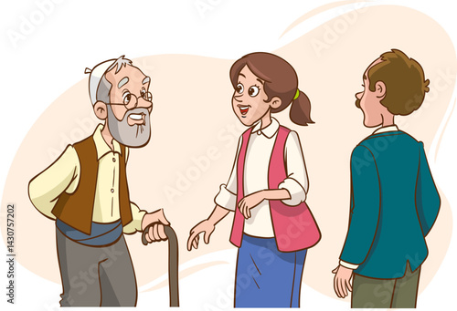 Old man with a cane talking to a man and woman vector illustration.