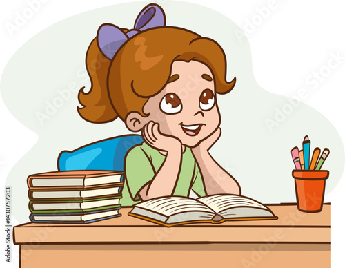 Vector Illustration of a Little Girl Thinking While Studying at the Table with Books