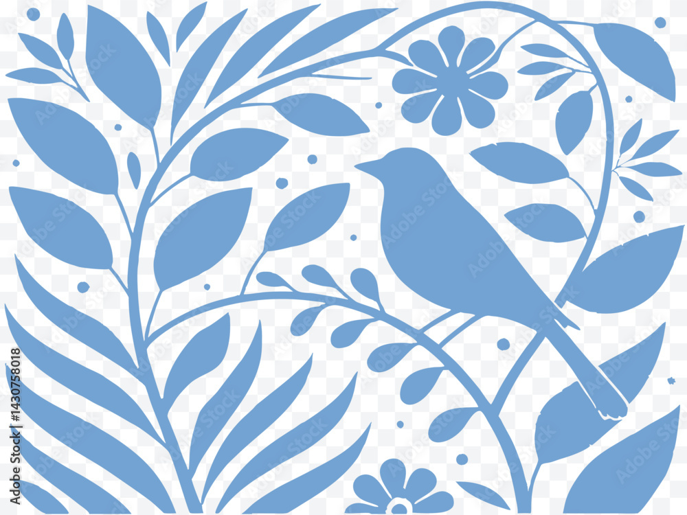 Elegant bird silhouette perched on floral branches in a botanical design, ideal for nature-themed prints, vintage springtime projects, or minimalist wildlife illustrations.