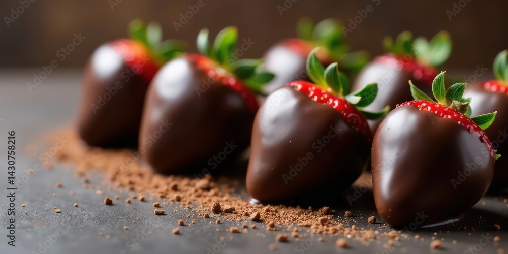 Luscious chocolate-covered strawberries arranged on a dark surface, sprinkled with cocoa powder, showcasing a delectable dessert treat Luscious chocolate-covered strawberries arranged on a dark surface, sprinkled with cocoa powder, showcasing a delectable dessert treat