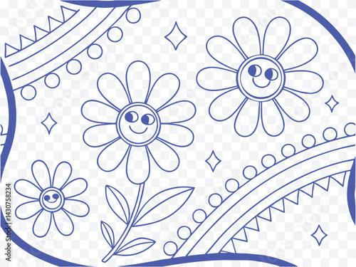 Obraz na płótnie Playful floral doodle pattern featuring smiling cartoon flowers and decorative curved lines, perfect for children’s coloring books, cheerful prints, or whimsical design elements.
w salonie