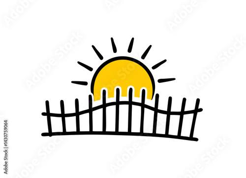 Vector Illustration of a Rising Yellow Sun with Black Rays Behind a Wavy Fence