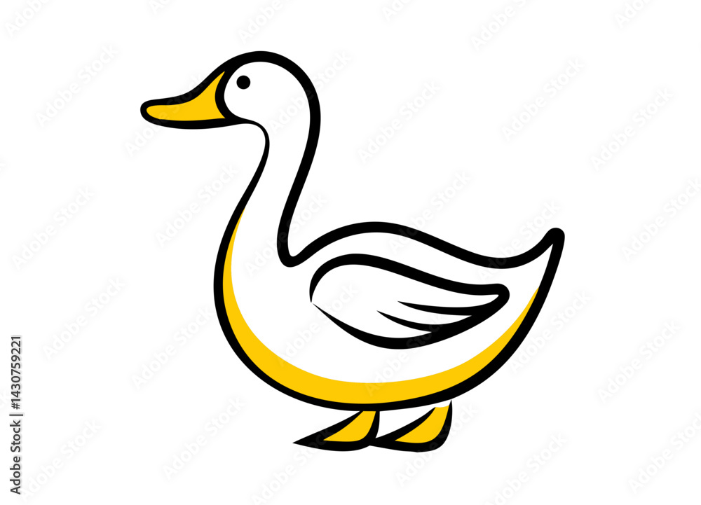 Vector Illustration of a Cartoon Duck with Black Outline, Yellow Beak, and Feet Vector Illustration of a Cartoon Duck with Black Outline, Yellow Beak, and Feet