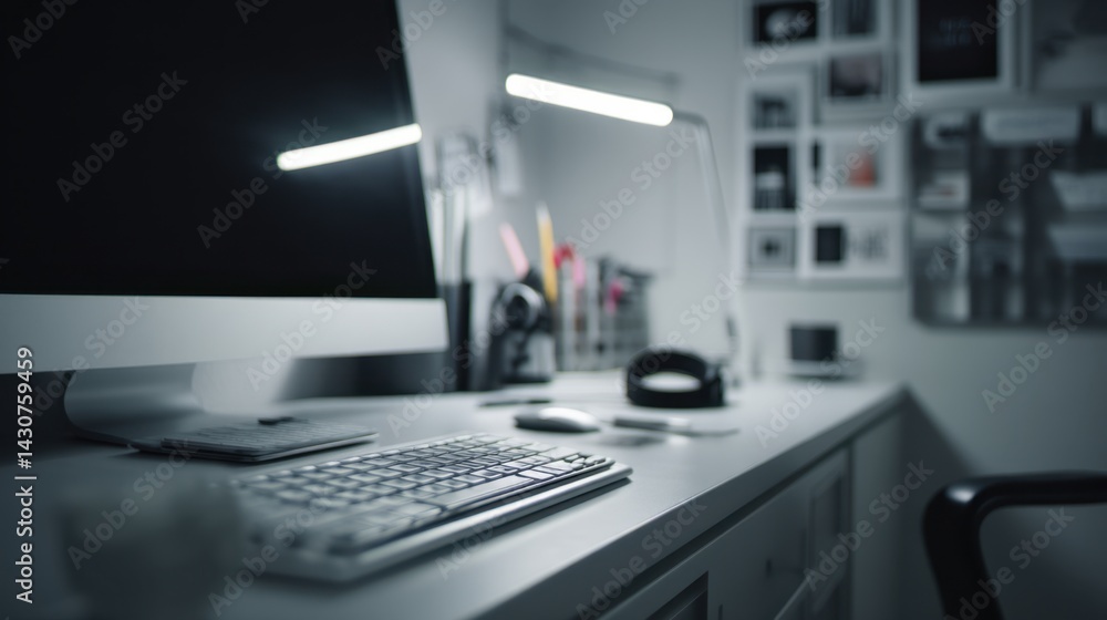 Clean and modern workspace with a minimal desk, organized with soft diffused lighting and a simple background. Perfect for a professional environment, showcasing a tidy, productivity, focus. Clean and modern workspace with a minimal desk, organized with soft diffused lighting and a simple background. Perfect for a professional environment, showcasing a tidy, productivity, focus.