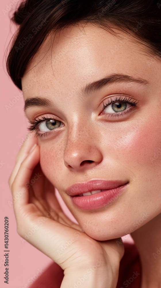 Obraz premium A woman with green eyes and a pink lip is smiling for the camera