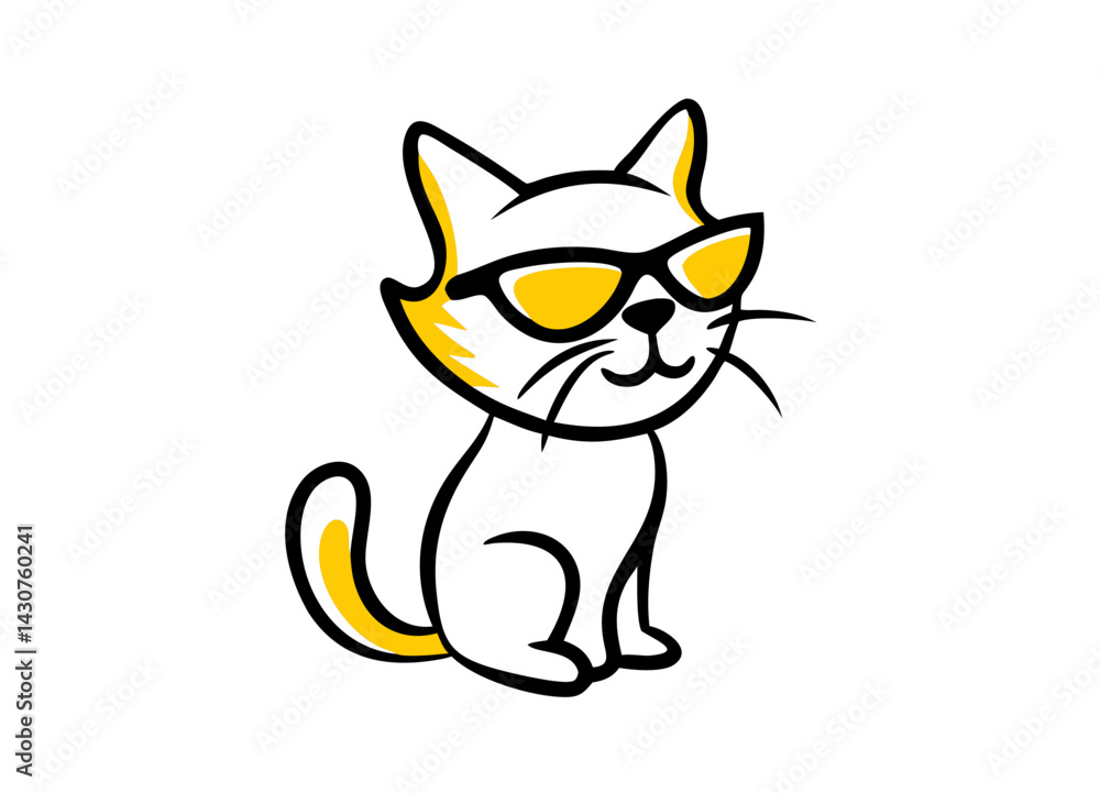 Obraz premium Vector Illustration of a Cartoon Cat Wearing Sunglasses with Yellow Accents Sitting Contentedly