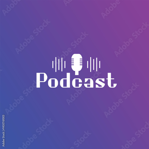 Logo Podcast. Icon, stamp, logo with studio microphone on gradient background. Template for shows, live performances. Vector illustration.