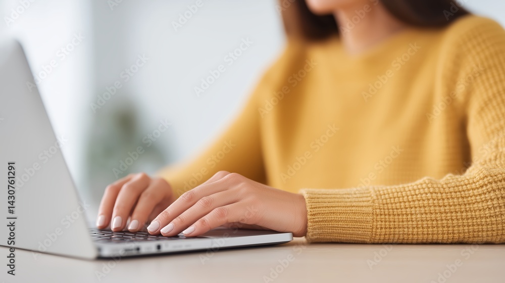 Fototapeta premium Woman typing on laptop in cozy sweater, focused on work, modern workspace, productivity concept
